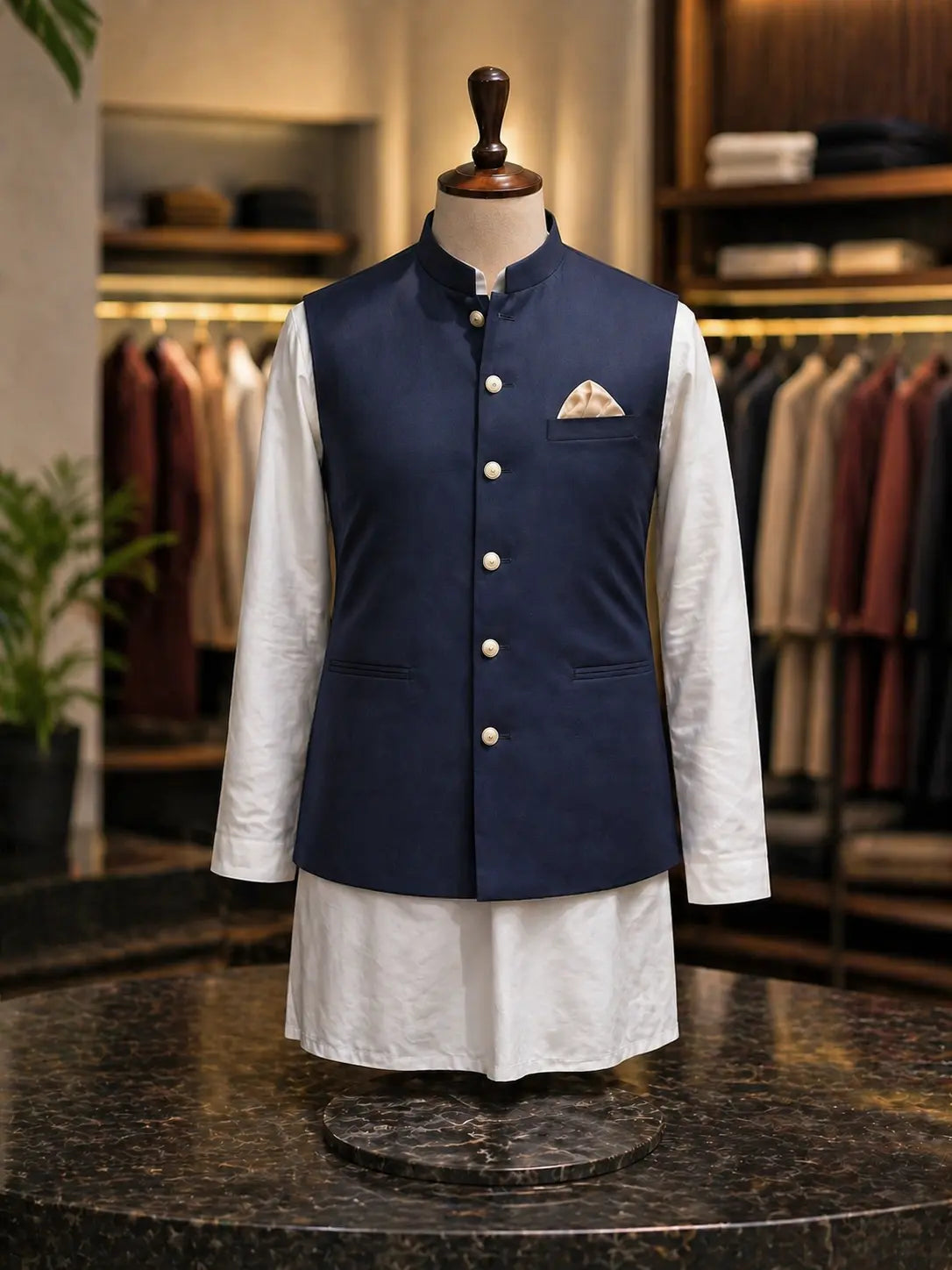 Men’s Signature Navy Blue Wascot – Premium Tropical Fabric with Brass Accents