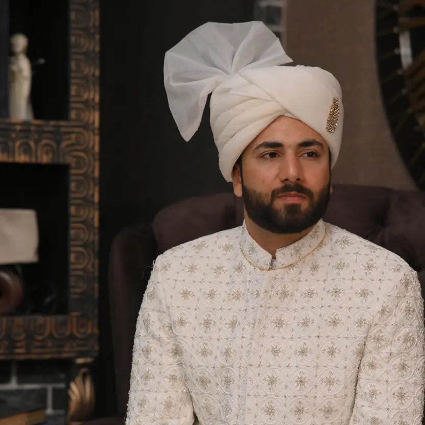 Royal Ivory Handcrafted Sherwani Set with Turban & Formal Shoes