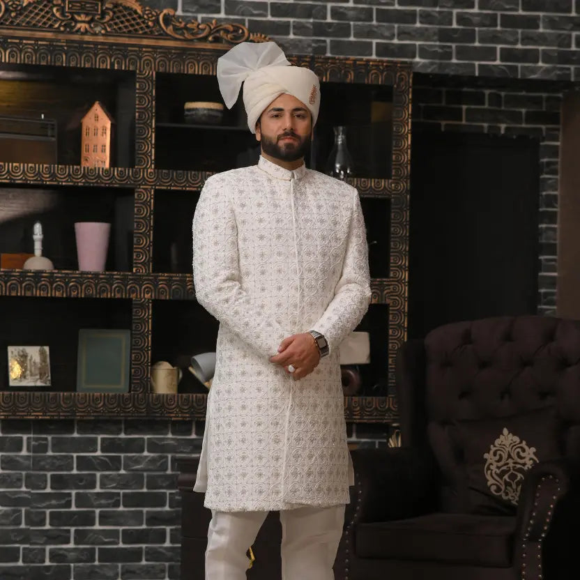 Royal Ivory Handcrafted Sherwani Set with Turban & Formal Shoes